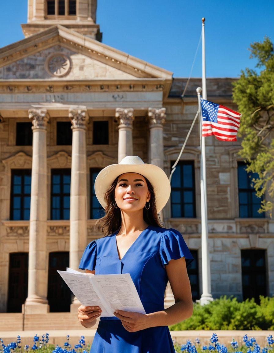 A confident woman standing tall in front of a historic Texas courthouse, holding a legal document while looking empowered and ready to take charge. The background features Texas bluebonnets and the state flag fluttering in the breeze, symbolizing pride and progress. Warm and inviting sunlight illuminates the scene, reflecting hope and guidance. super-realistic. vibrant colors. 3D.