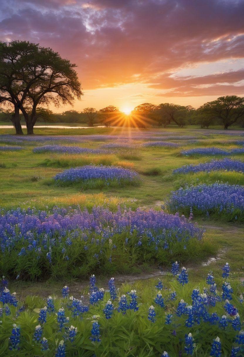 A scenic Texas landscape featuring a calm lake reflecting the state’s iconic bluebonnets and a bright Texas sunset. In the foreground, a diverse group of Texans engaged in a discussion, surrounded by legal books and documents. Include symbolic elements like a gavel, scales of justice, and Texas flag motifs. The atmosphere should feel warm and welcoming, embodying a sense of community and support. vibrant colors. super-realistic.