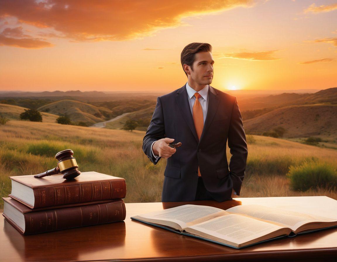 A calm, inviting Texas landscape featuring rolling hills and a setting sun. In the foreground, a friendly lawyer in a business suit extends a hand towards the viewer, symbolizing support. Surrounding elements include legal books and a gavel, showcasing the theme of legal representation. Warm, vibrant colors enhance the Texas atmosphere. super-realistic. vibrant colors. soft focus.